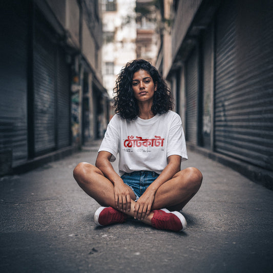 Person sitting on a street wearing a white t-shirt with red text and blue jeans. Bengali t-shirt Thotkanta Thotkata Thontkata Thontkanta